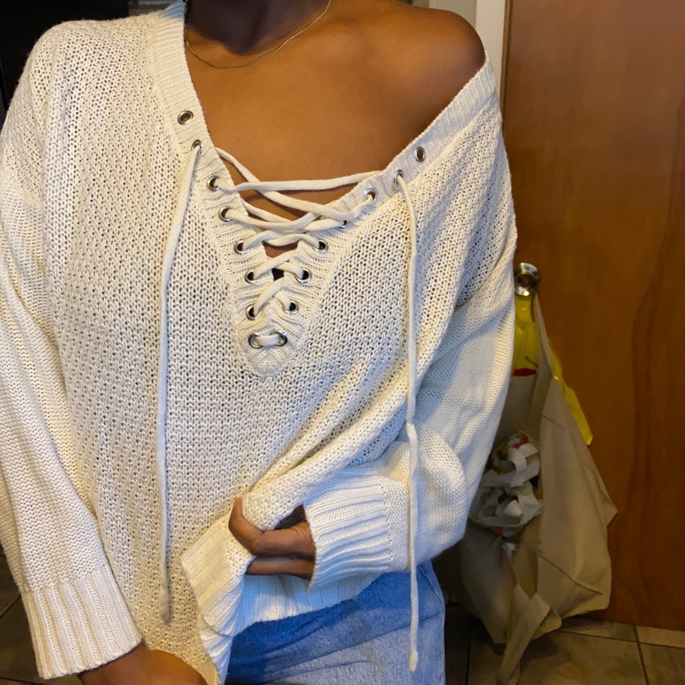 White lace up sweater